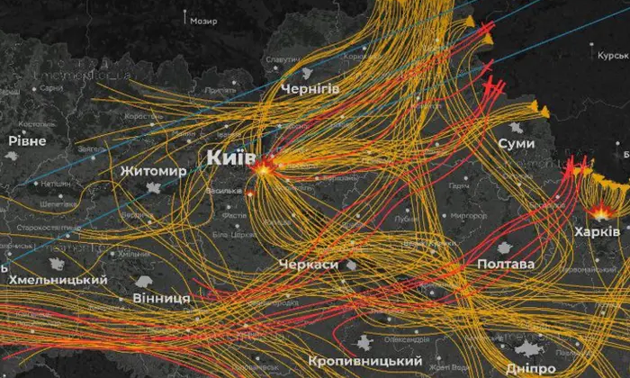 Маршрут ракет і дронів від РФ