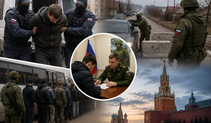 Men being taken from the streets to military enlistment offices