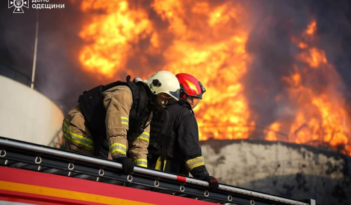 Rescuers extinguishing fire in Odessa