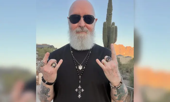 Rob Halford from Judas Priest with Ukrainian coat of arms