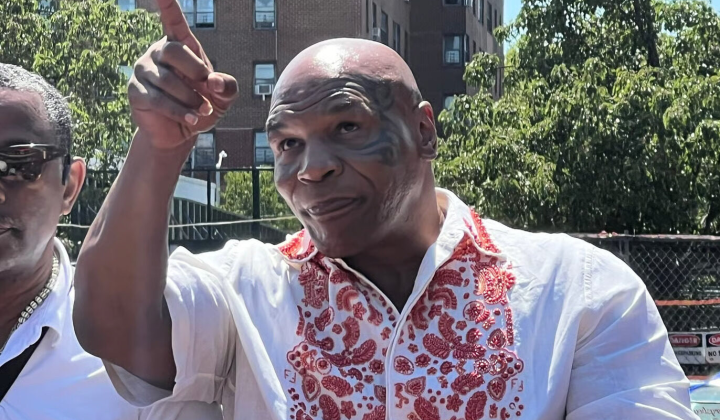 Mike Tyson in embroidered shirt at boxer parade