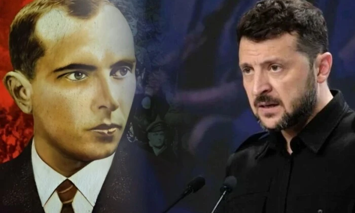 Портрет Бандери на фоні українського прапору
