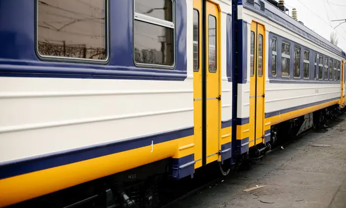 Повреждённый электропоезд на железнодорожных рельсах