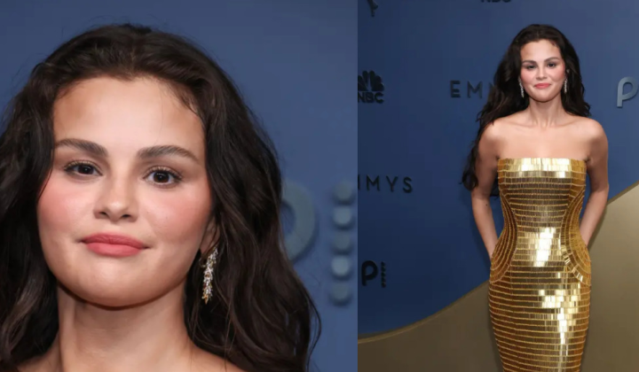 Selena Gomez in gold dress by Louis Vuitton at Emmys 2026