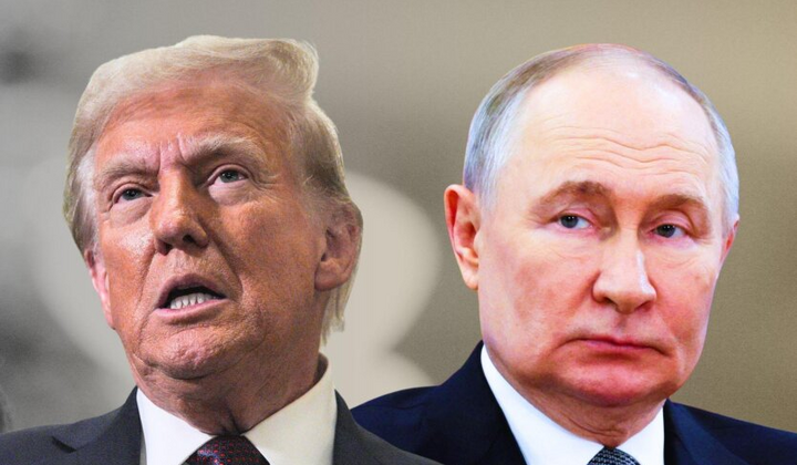 Портрет Владимира Путина на фоне флагов разных стран