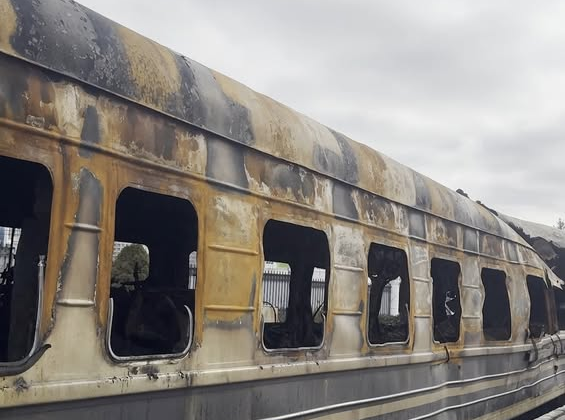 Damaged train car after RF attack