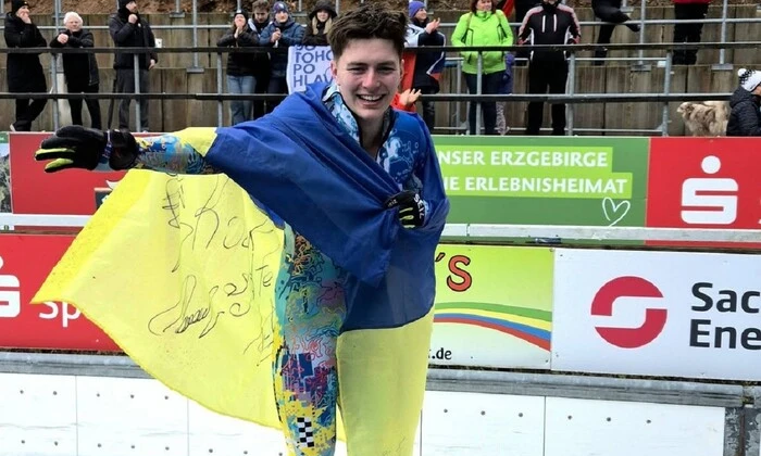 Ukrainian skeleton athlete Lavrenyuk on the podium