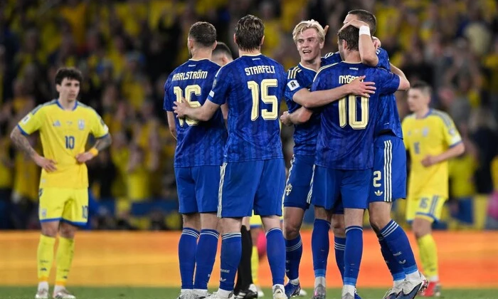 Swedish flag with victory in background