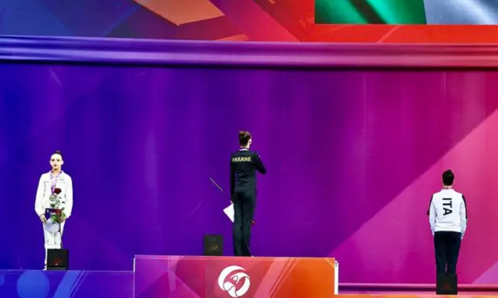 Russian gymnast during the anthem performance