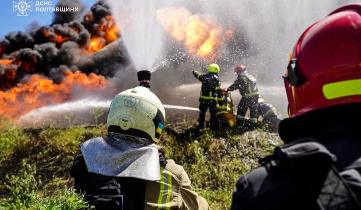 Massive fire in Poltava region caused by Russian strike