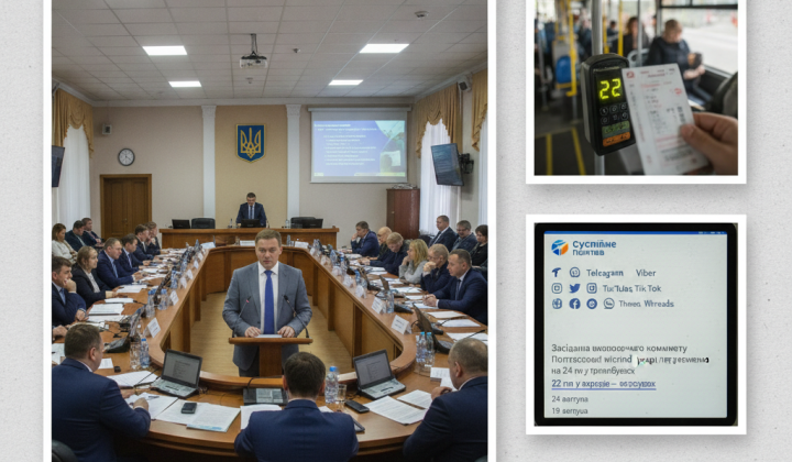 Маршрутка на фоне центральной площади в Полтаве