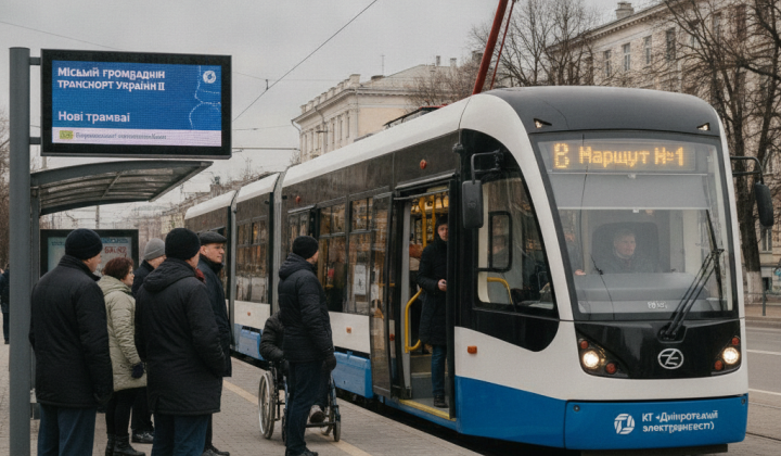 Трамвай на фоні міського пейзажу