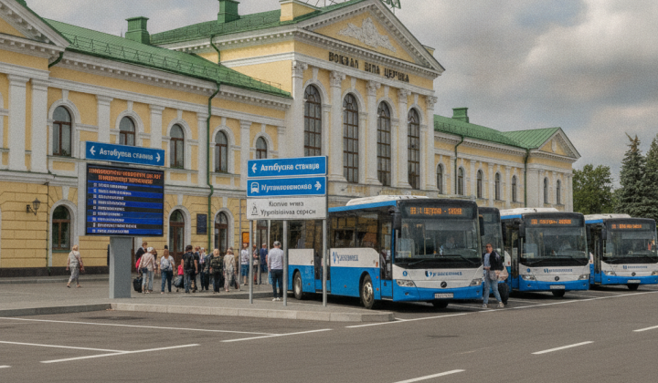 Автобусы возле железнодорожного вокзала в Белой Церкви
