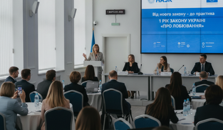 Ділові люди поруч з українськими прапорами