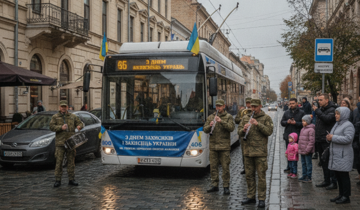 Троллейбус с военным оркестром в Николаеве