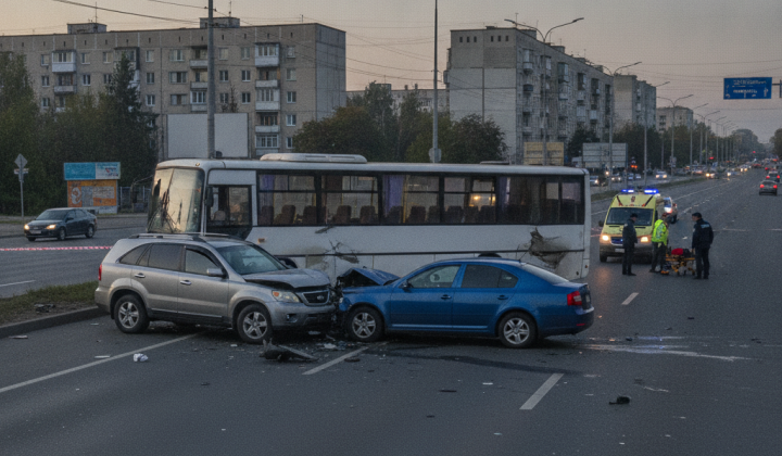 ДТП с участием Kia Sorento, Skoda Octavia и поврежденного автобуса Isuzu
