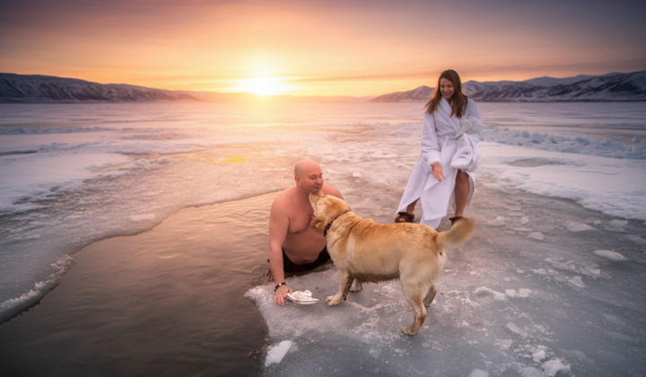 Yurii Tkach ice bathing, dog on the shore