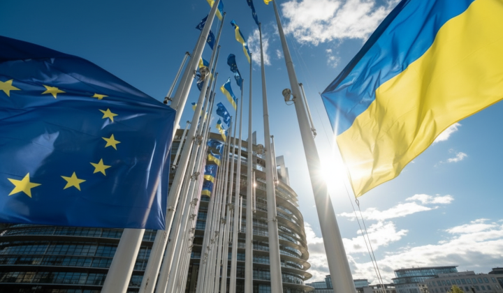 Flag of Ukraine and European Parliament building