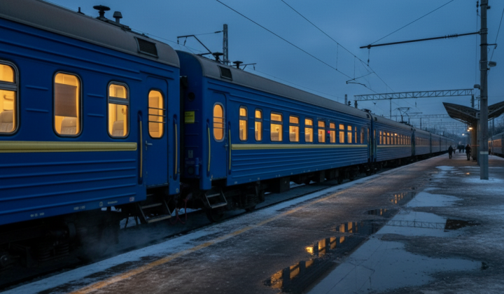 Локомотив на залізничній станції взимку