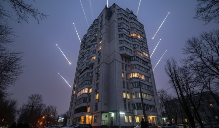 Пошкоджена багатоповерхівка в нічному Києві