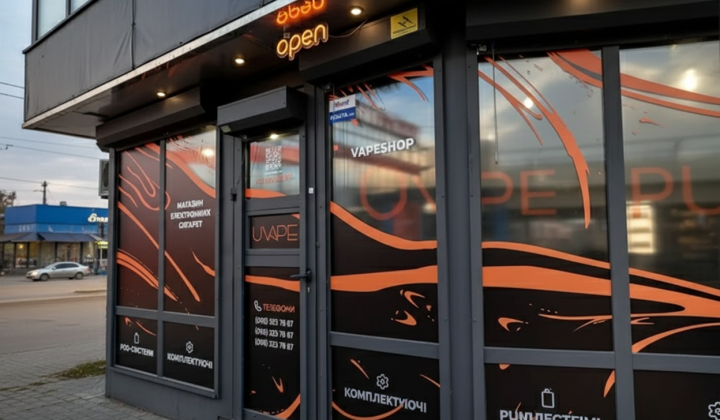 Логотип мережі Uvape на тлі закритої вітрини