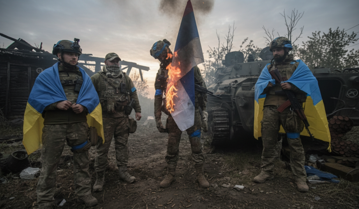Russians setting up flags in the rear