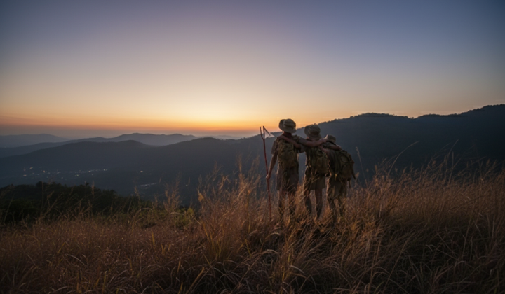 Teenagers in scout uniforms in the forest