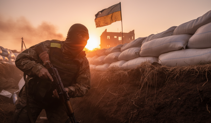 Volunteer in Ukrainian military uniform with tears in eyes