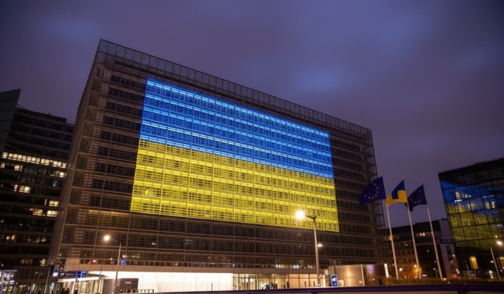 Building illuminated in colors of Ukrainian flag