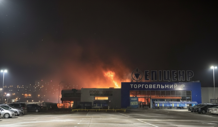 Car burning on the street of Kharkiv