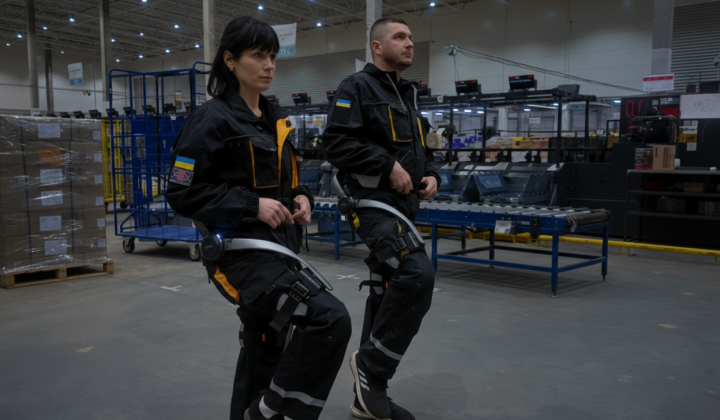 Ukrposhta employee in exoskeleton