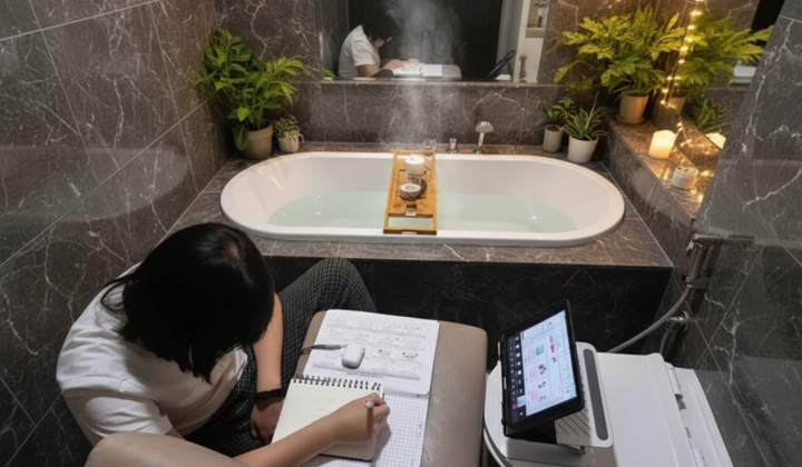 Girl studying remotely in bathroom