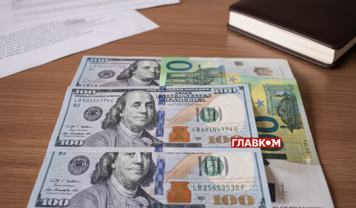 Ukrainian money and euro with flags