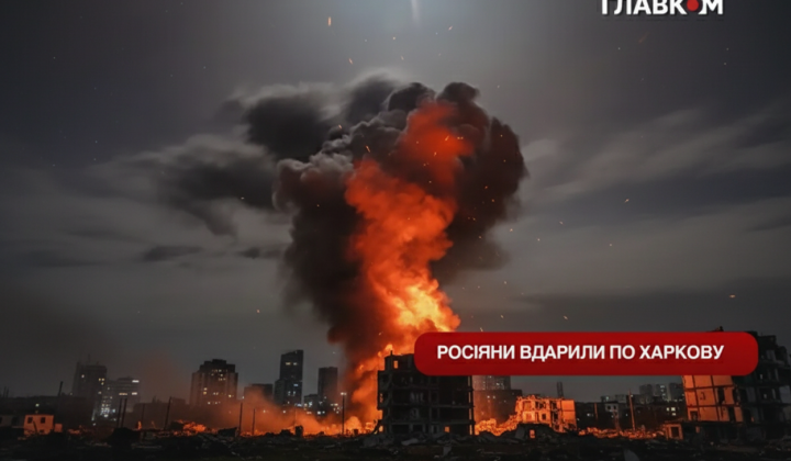 Спалахи вибухів на фоні уламків будинку