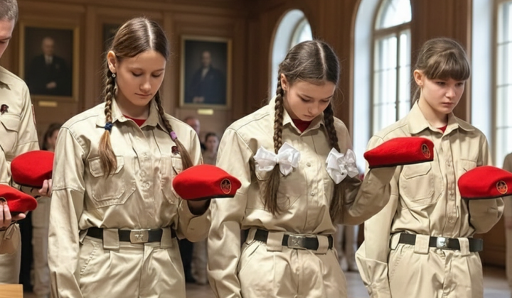 Students in Soviet uniforms march with a flag