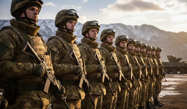 Flag of Ukraine and military soldiers