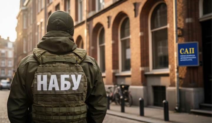 Логотип НАБУ и САП на фоне судебного здания