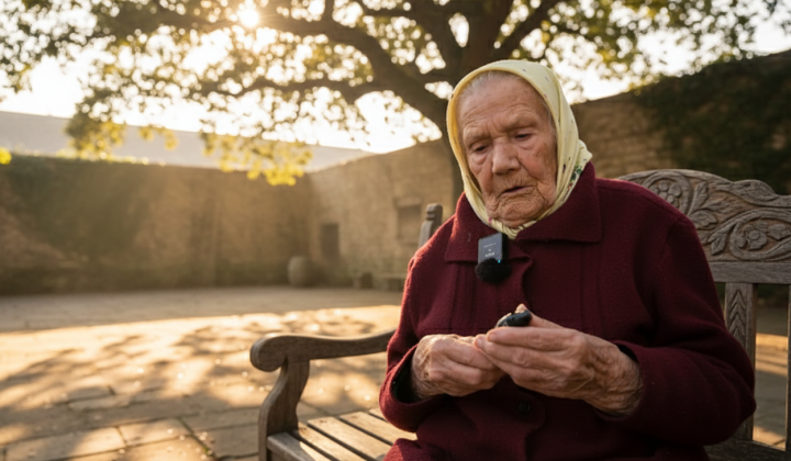 Elderly woman in embroidered shirt