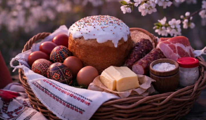 Великодній кошик зі свічками і крашанками