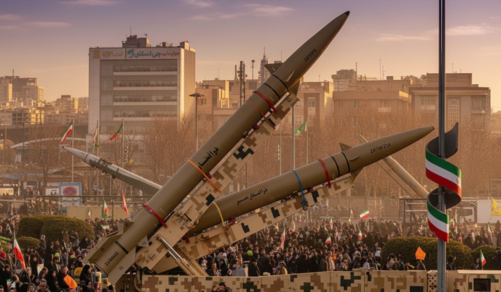 Iranian flag and gun on dark background