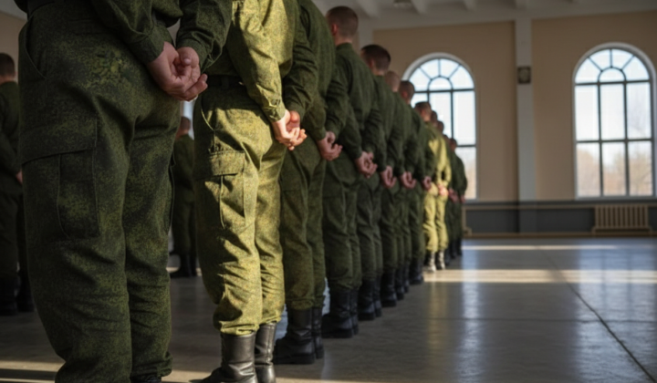 Российские военнослужащие на фоне логотипа Военной Службы Внешней Разведки