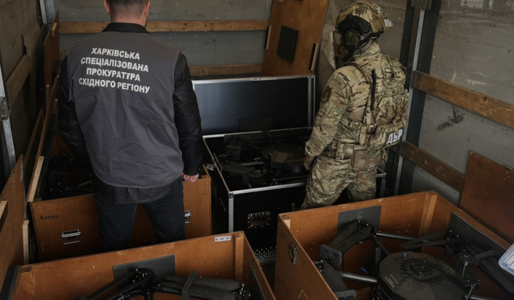 Commander of the military unit inspecting drones