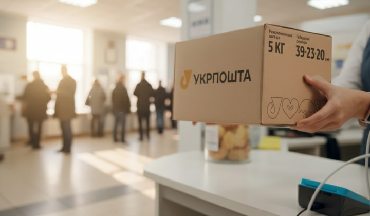 Логотип Укрпошти на фоні поштової посилки