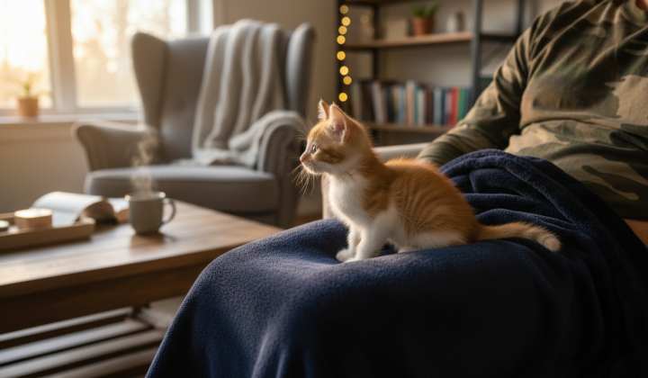 Kitten wakes up soldiers for cartoons
