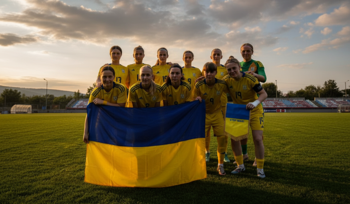Female football players celebrate victory with flags in the background
