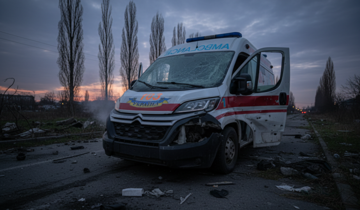 Автомобіль медслужби з пошкодженнями від атаки