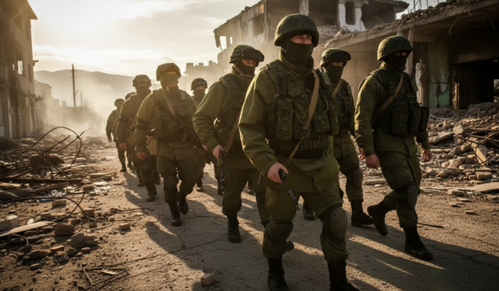Soldiers in camouflage uniforms in the foreground
