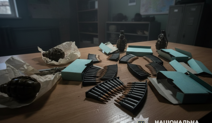 Чоловік з гранатами та патронами