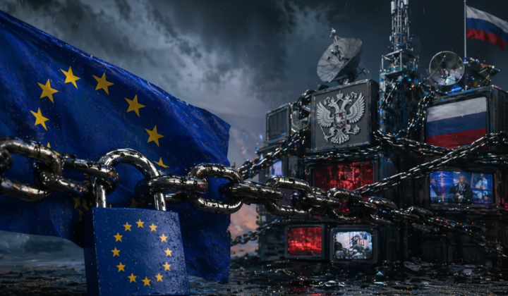 European Union logo and words 'sanctions against Russian propaganda organizations'