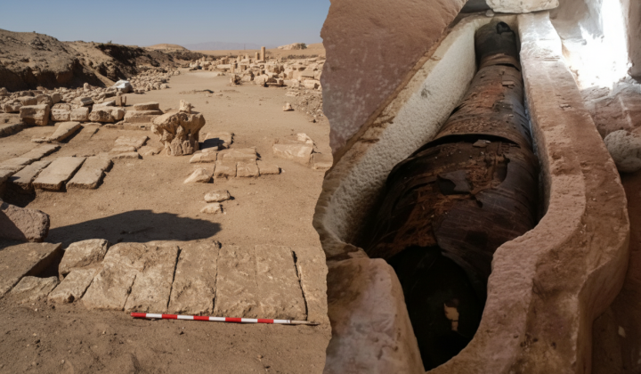 Mummy with 'Iliad' papyrus in archaeological excavation